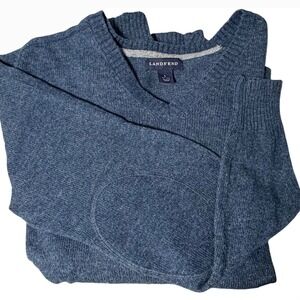 Lands End‎ Mens Blue Heathered Wool V-Neck Pullover Sweater Elbow Patches Size L